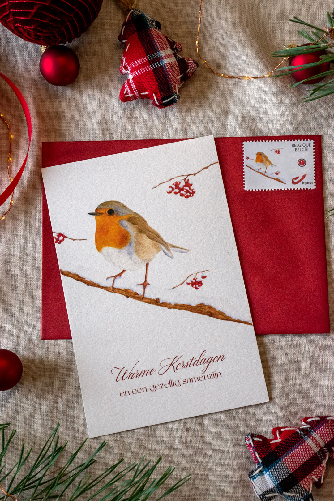 Kerstkaart: Roodborstje op tak