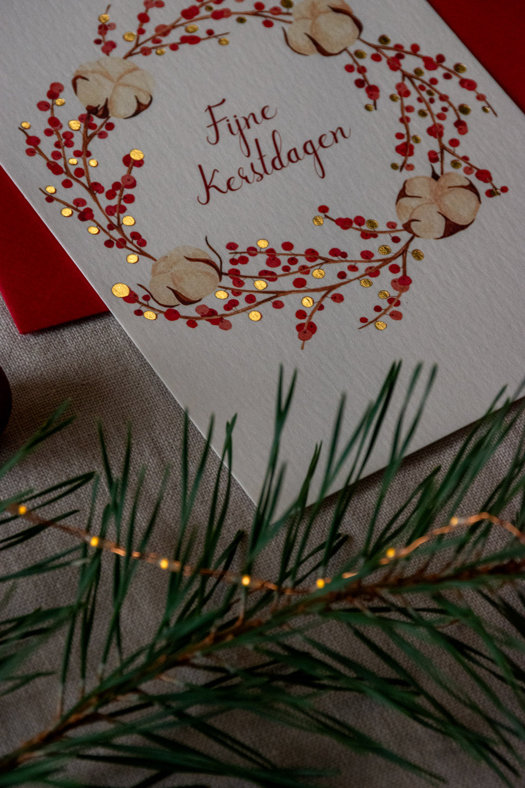 Kerstkaart: Kerstkrans Katoen met goudfolie
