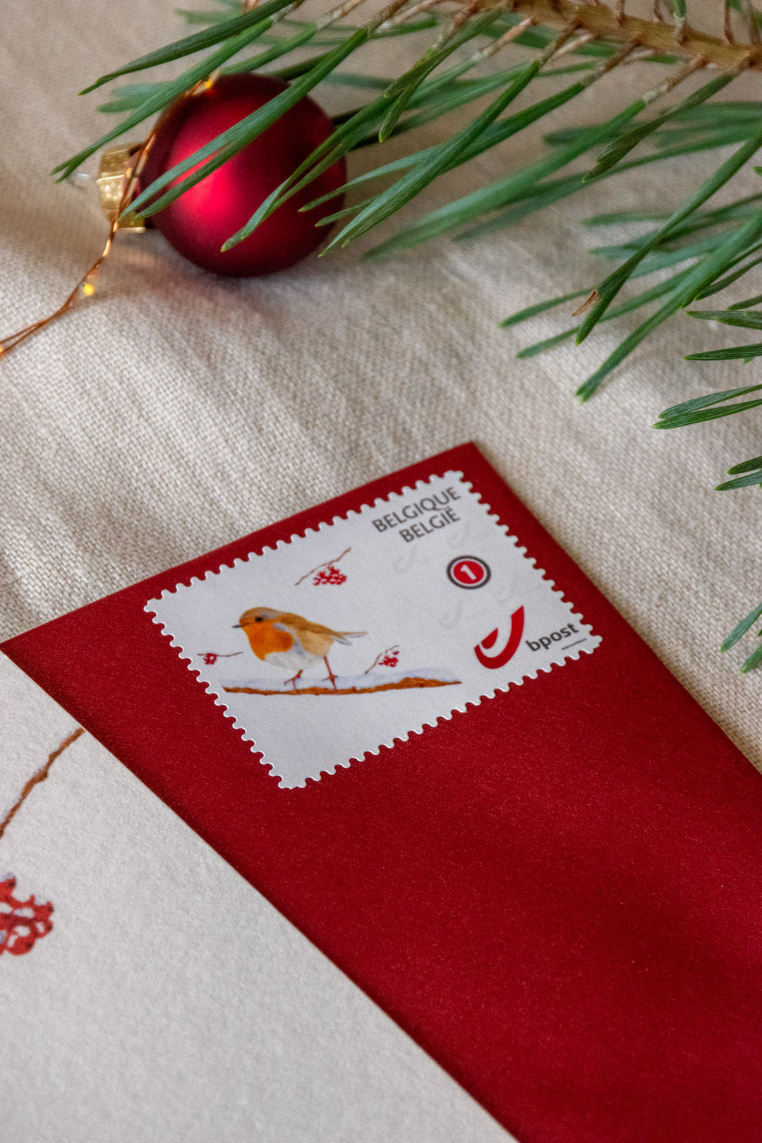 Kerstkaart: Roodborstje op tak